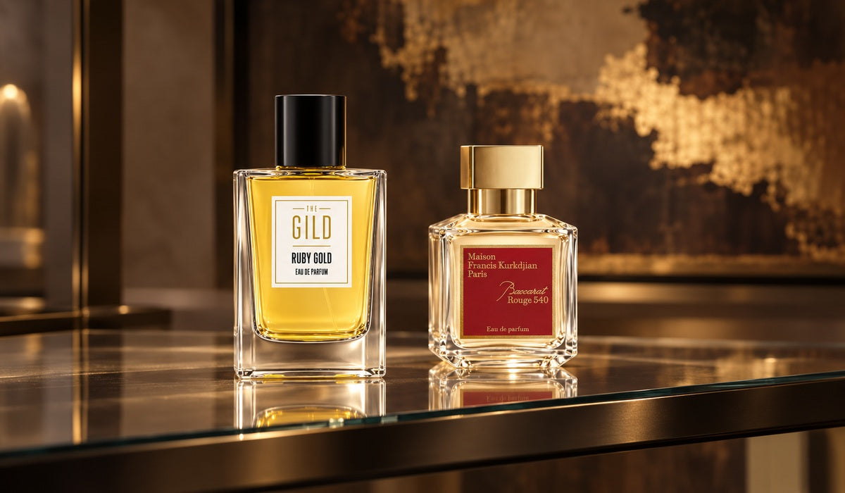 THE GILD Ruby Gold and Maison Francis Kurkdjian Baccarat Rouge 540 on a luxury retail glass shelf.
