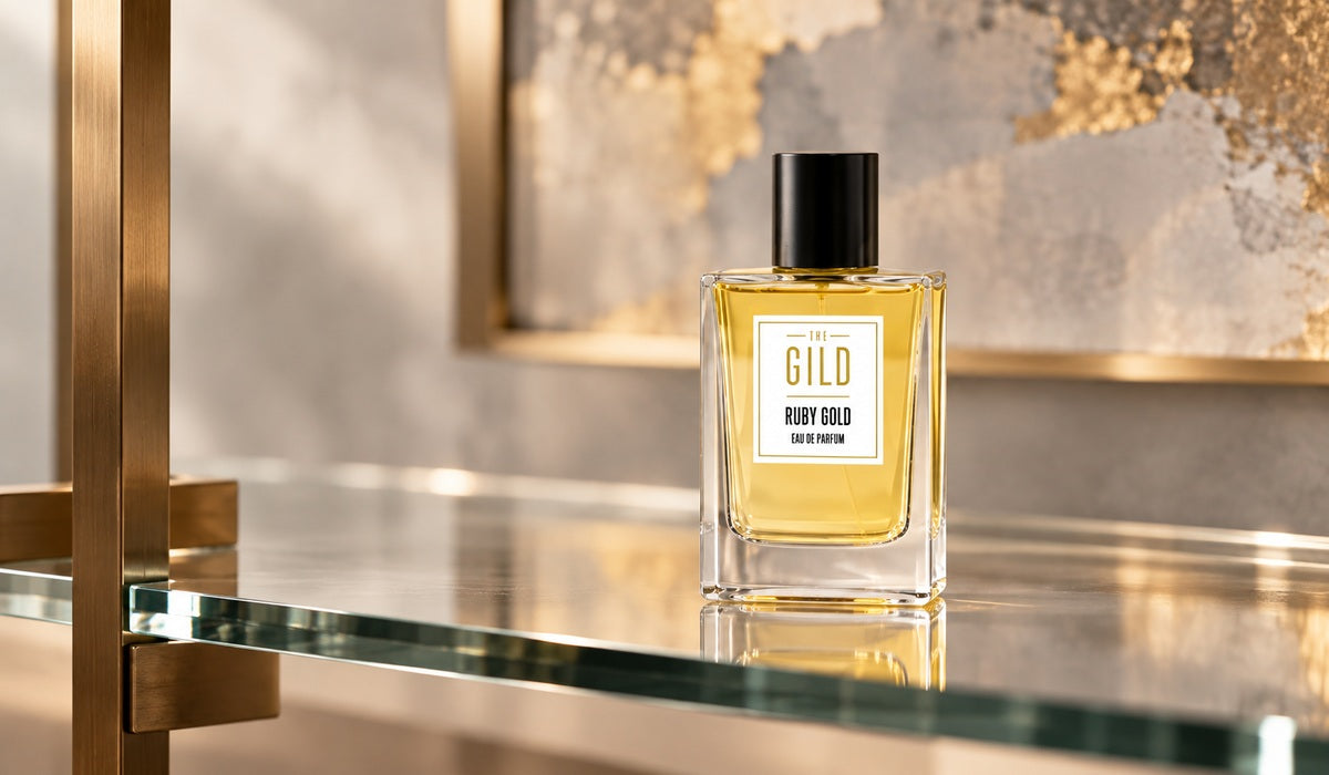 THE GILD Ruby Gold on a glass shelf against a softly blurred gold and gray painting.