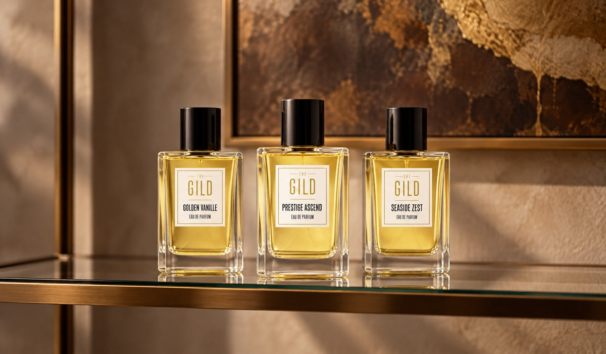 THE GILD Golden Vanille, Prestige Ascend and Seaside Zest on a glass fragrance display shelf.
