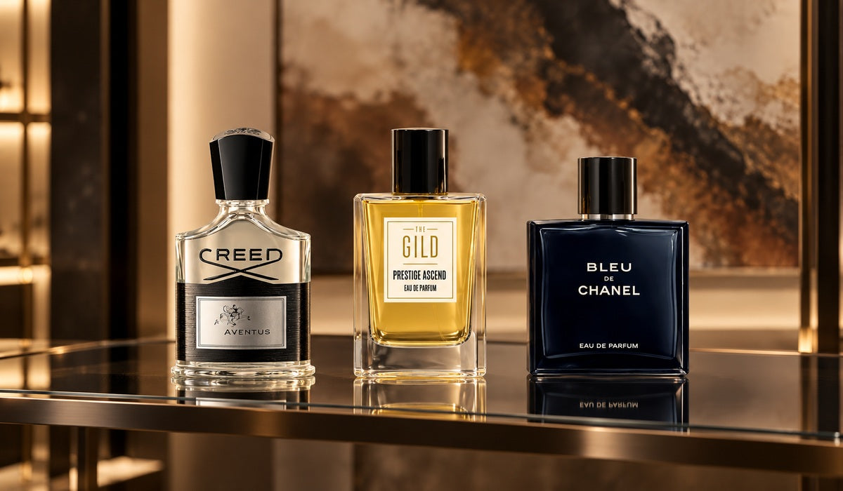 THE GILD Prestige Ascend, Creed Aventus and Bleu de Chanel displayed on a luxury glass shelf.