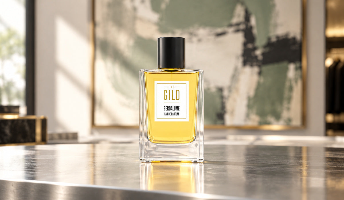 THE GILD Bergalume 50 ml bottle on a polished silver display desk in front of a blurred sage, cream and charcoal painting.