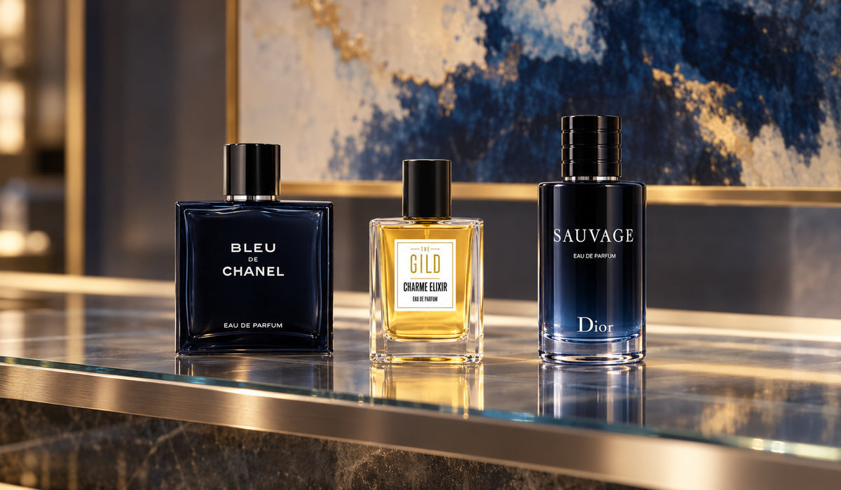 Bleu de Chanel Eau de Parfum, THE GILD Charme Elixir and Dior Sauvage Eau de Parfum on a glass retail shelf with a blurred blue and cream painting.