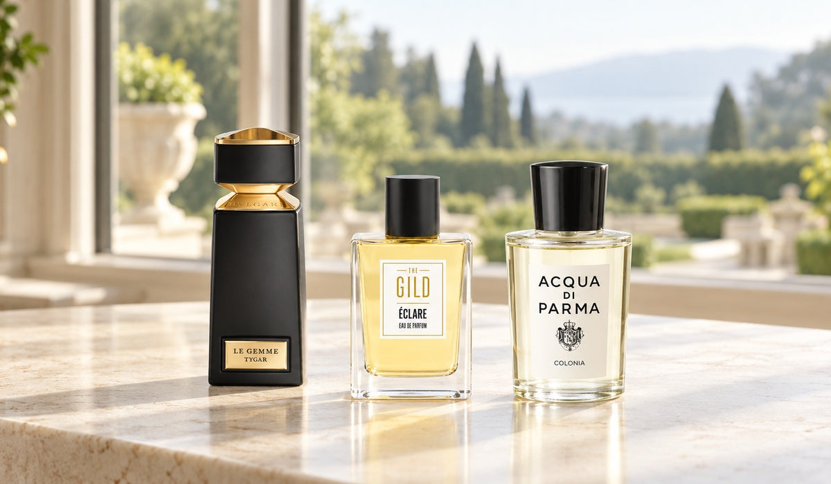 Bvlgari Le Gemme Tygar, THE GILD Éclare and Acqua di Parma Colonia on a pale table near a window with a softly blurred green terrace.