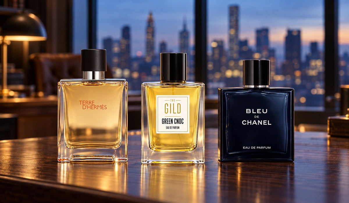 Terre d’Hermès, THE GILD Green Cnoc and Bleu de Chanel Eau de Parfum on a dark walnut desk in front of a blurred city window.
