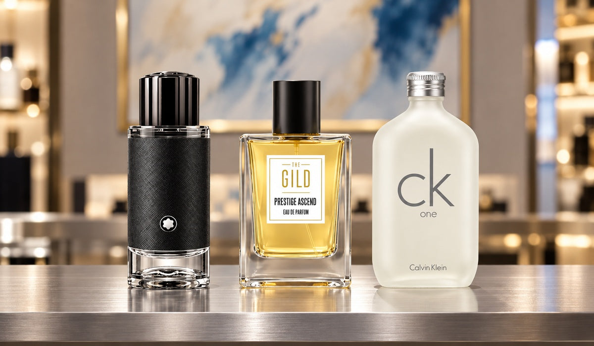 Montblanc Explorer, THE GILD Prestige Ascend and Calvin Klein CK One on a silver retail shelf with blurred blue and ivory artwork.