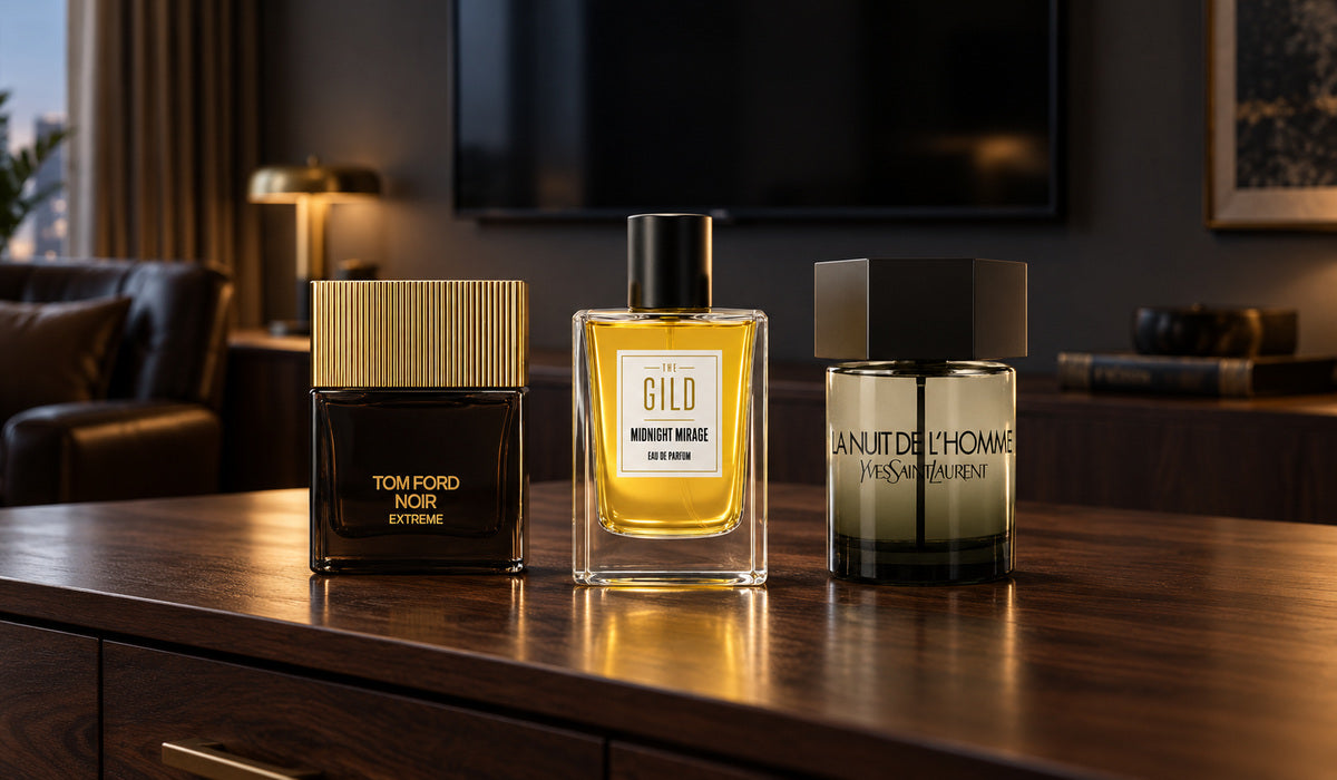 Tom Ford Noir Extreme, THE GILD Midnight Mirage and Yves Saint Laurent La Nuit de L’Homme on a dresser in a masculine room with a television behind.