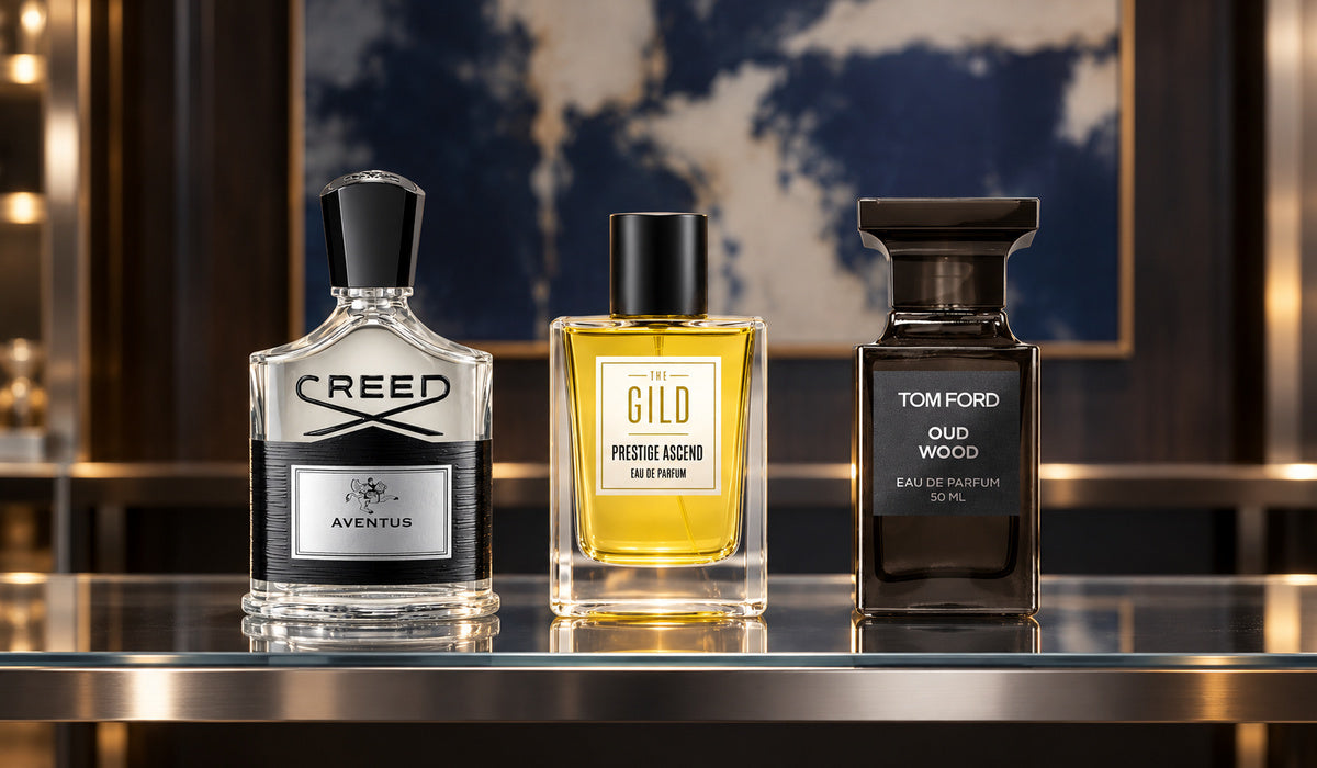 Creed Aventus, THE GILD Prestige Ascend and Tom Ford Oud Wood on a silver and glass retail shelf with blurred navy and cream artwork.
