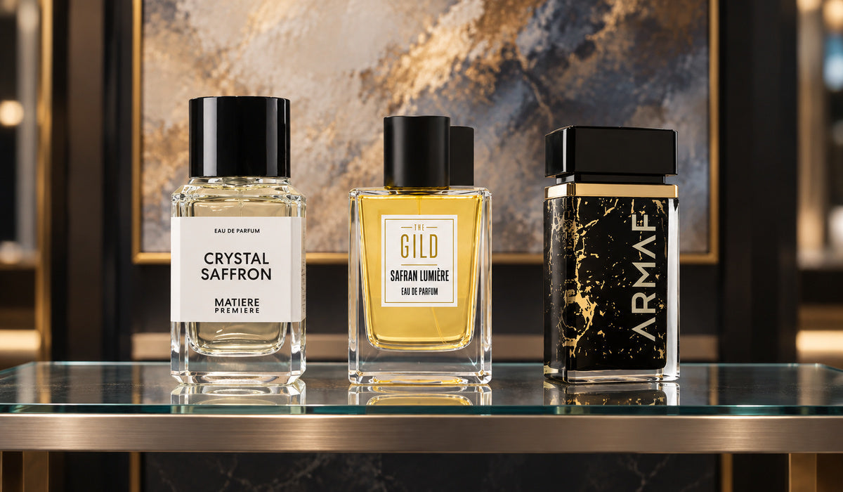 Matière Première Crystal Saffron, THE GILD Safran Lumière and Armaf Ombre D’Or on a glass retail shelf with blurred cream, blue and bronze artwork.