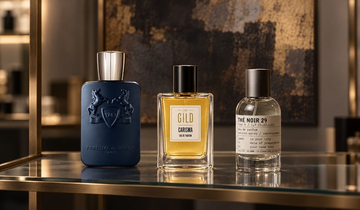 Parfums de Marly Layton, THE GILD Carisma and Le Labo Thé Noir 29 on a luxury glass fragrance shelf.