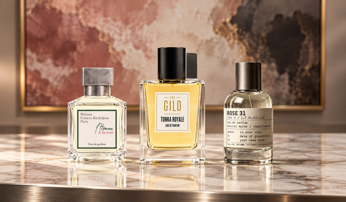 Maison Francis Kurkdjian l’Homme À la rose, THE GILD Tonka Royale and Le Labo Rose 31 on a white marble retail desk with a blurred rose, cream and bronze painting.