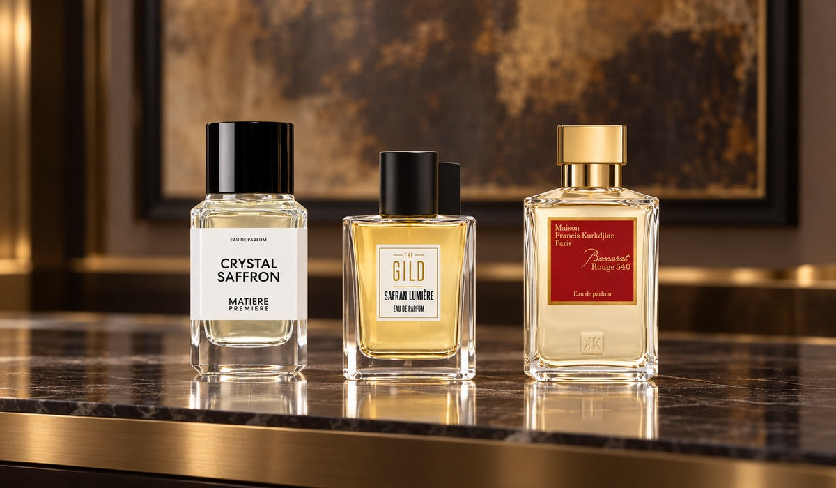 Matière Première Crystal Saffron, THE GILD Safran Lumière and Baccarat Rouge 540 Eau de Parfum on a dark luxury retail shelf.