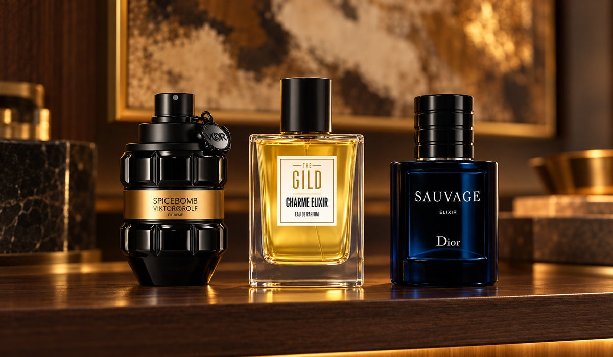 Viktor&Rolf Spicebomb Extreme, THE GILD Charme Elixir and Dior Sauvage Elixir on a walnut shelf with blurred brown and gold artwork.