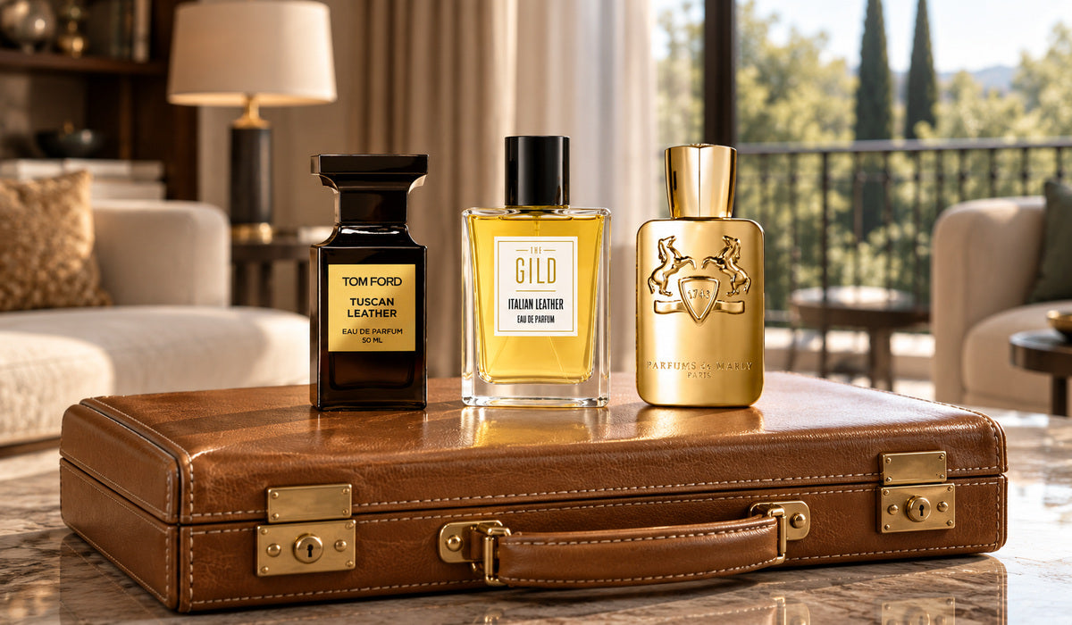 Tom Ford Tuscan Leather, THE GILD Italian Leather and Parfums de Marly Godolphin on a light brown leather business suitcase on a dining table, with balcony trees behind.