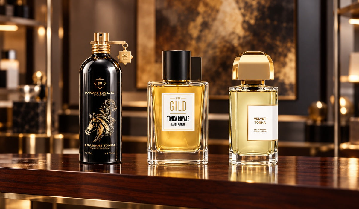 Montale Arabians Tonka, THE GILD Tonka Royale and BDK Velvet Tonka on a mahogany retail shelf with a blurred brown and gold painting.