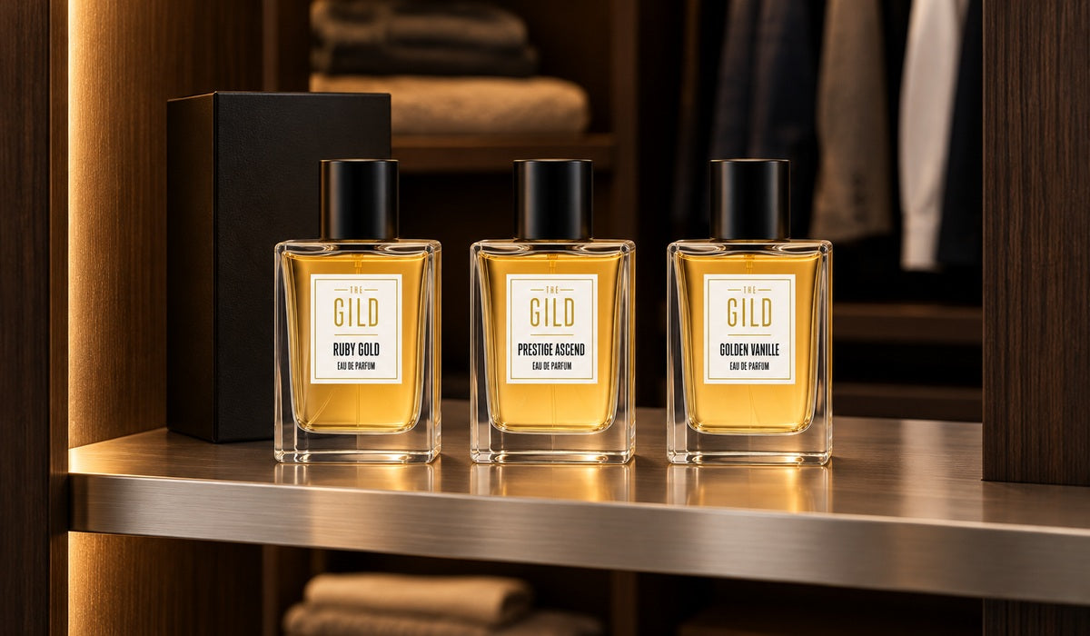 Ruby Gold, Prestige Ascend and Golden Vanille on a shaded shelf inside an oak wardrobe beside a closed black box