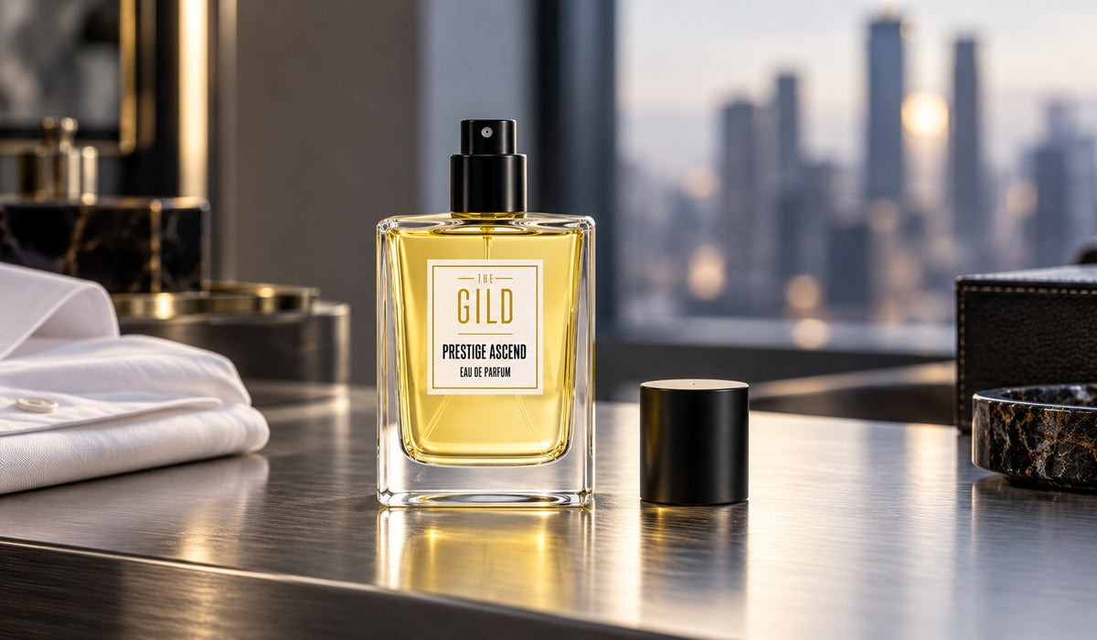 Prestige Ascend with its black atomizer exposed on a silver vanity beside a folded white shirt, with a blurred city window behind
