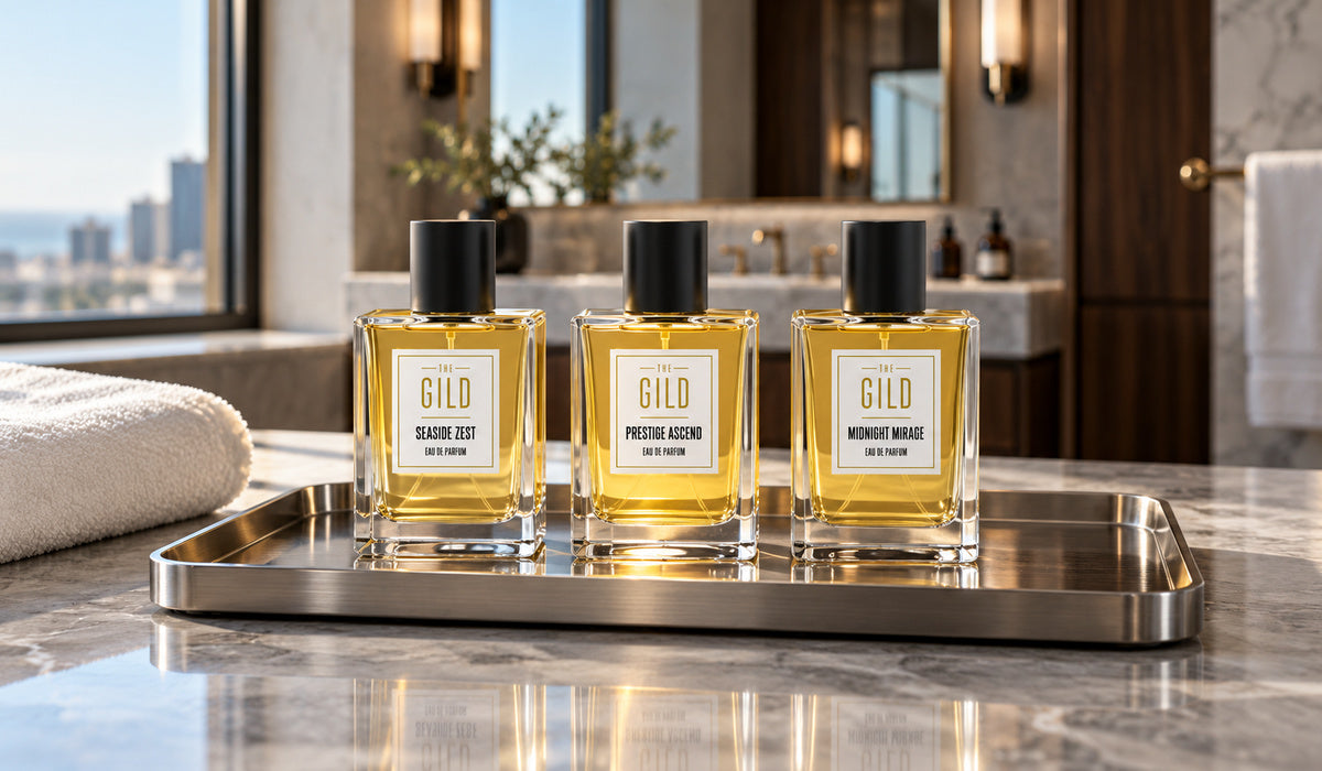 THE GILD Seaside Zest, Prestige Ascend and Midnight Mirage on a silver tray beside a white towel in a softly blurred luxury bathroom.