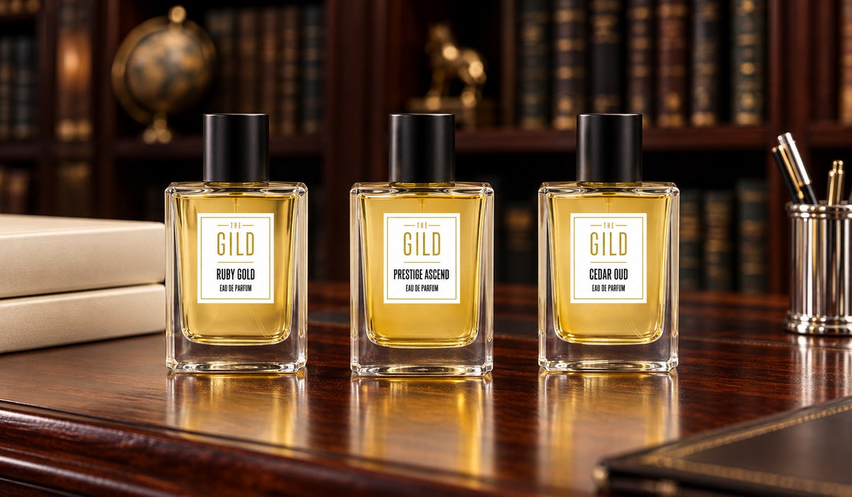 Ruby Gold, Prestige Ascend and Cedar Oud on a mahogany library desk beside cream books and a silver pen holder