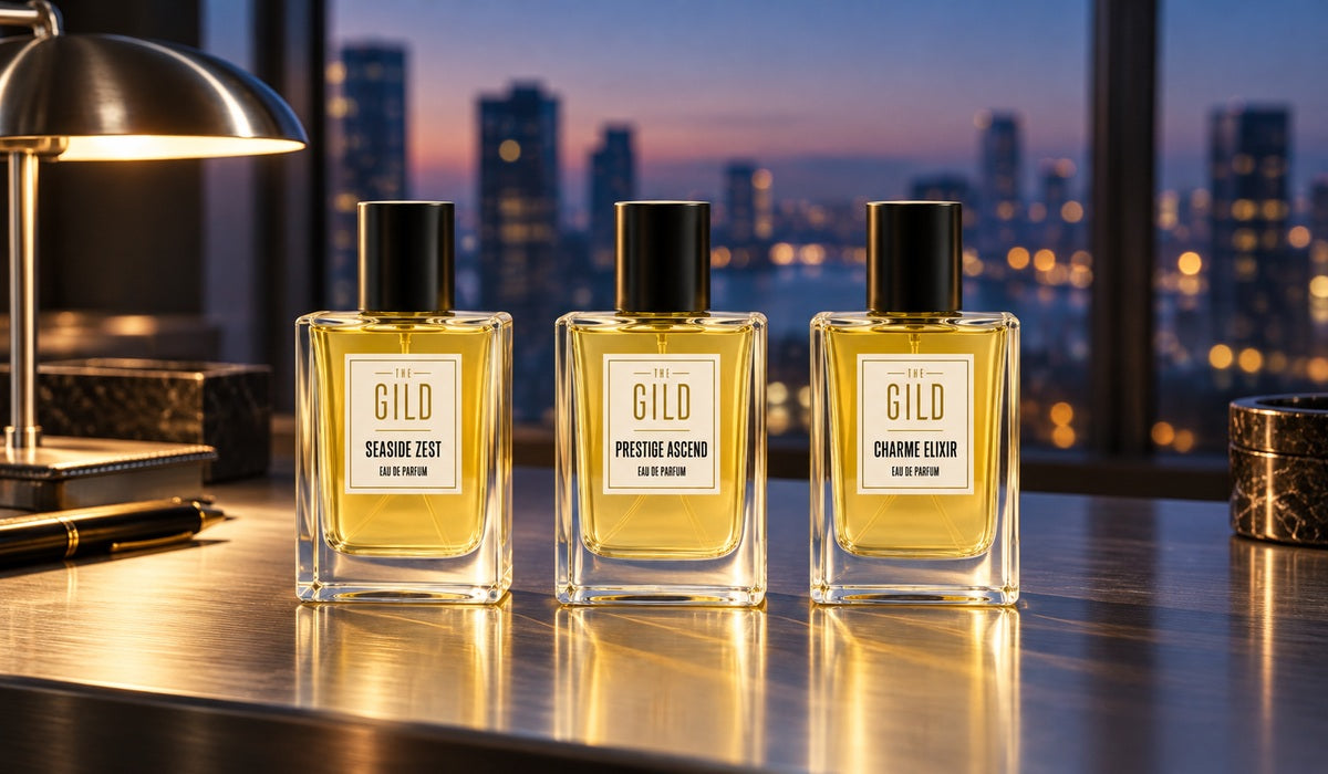 Seaside Zest, Prestige Ascend and Charme Elixir on a silver desk with a lamp and blurred city lights behind