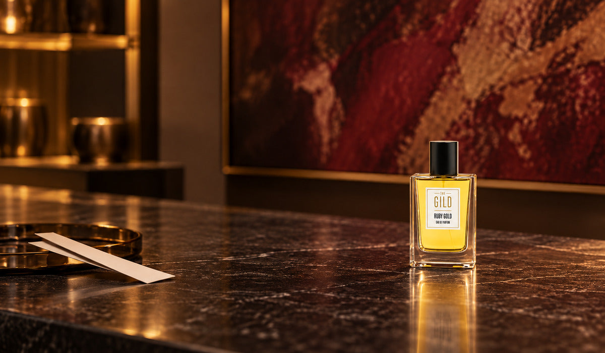 Ruby Gold on a dark stone fragrance counter with two blank blotters, a smoked-glass tray and blurred brown and burgundy artwork.