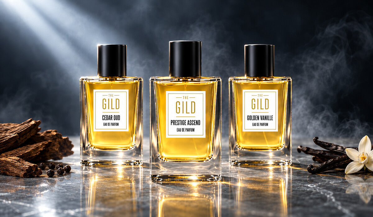 THE GILD Cedar Oud, Prestige Ascend and Golden Vanille bottles on a stone shelf with cool lighting.