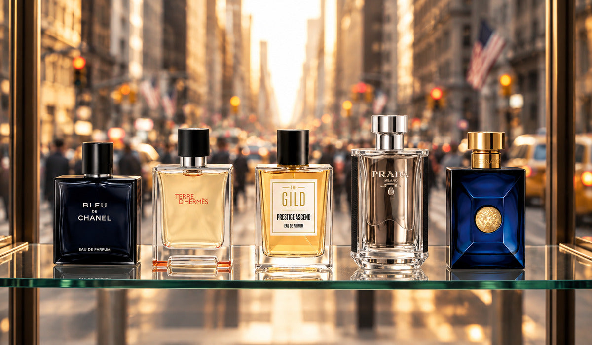 Prestige Ascend, Bleu de Chanel, Prada L'Homme, Terre d'Hermès and Versace Dylan Blue displayed on a glass shelf with a blurred, busy New York City street behind them.