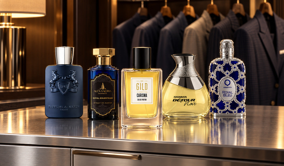 Carisma, Layton, Royal Equestrian, Detour Noir and Royal Bleu on a silver nightstand with softly lit tailored suits behind them.