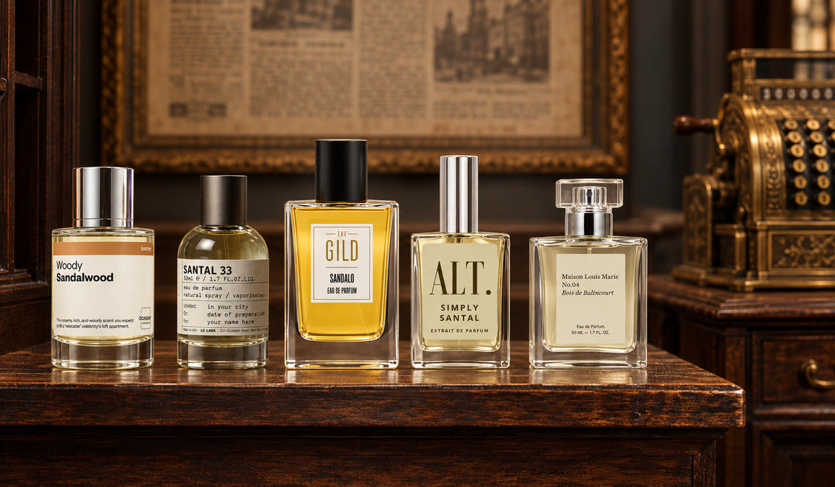 Sandalo, Santal 33, Woody Sandalwood, Simply Santal and Bois de Balincourt on a vintage wood shelf, with blurred newspaper wall art and an antique cash register.