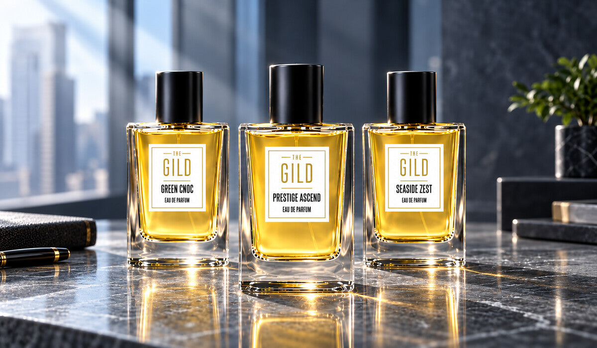 THE GILD Green Cnoc, Prestige Ascend and Seaside Zest bottles on a gray stone shelf in cool daylight.