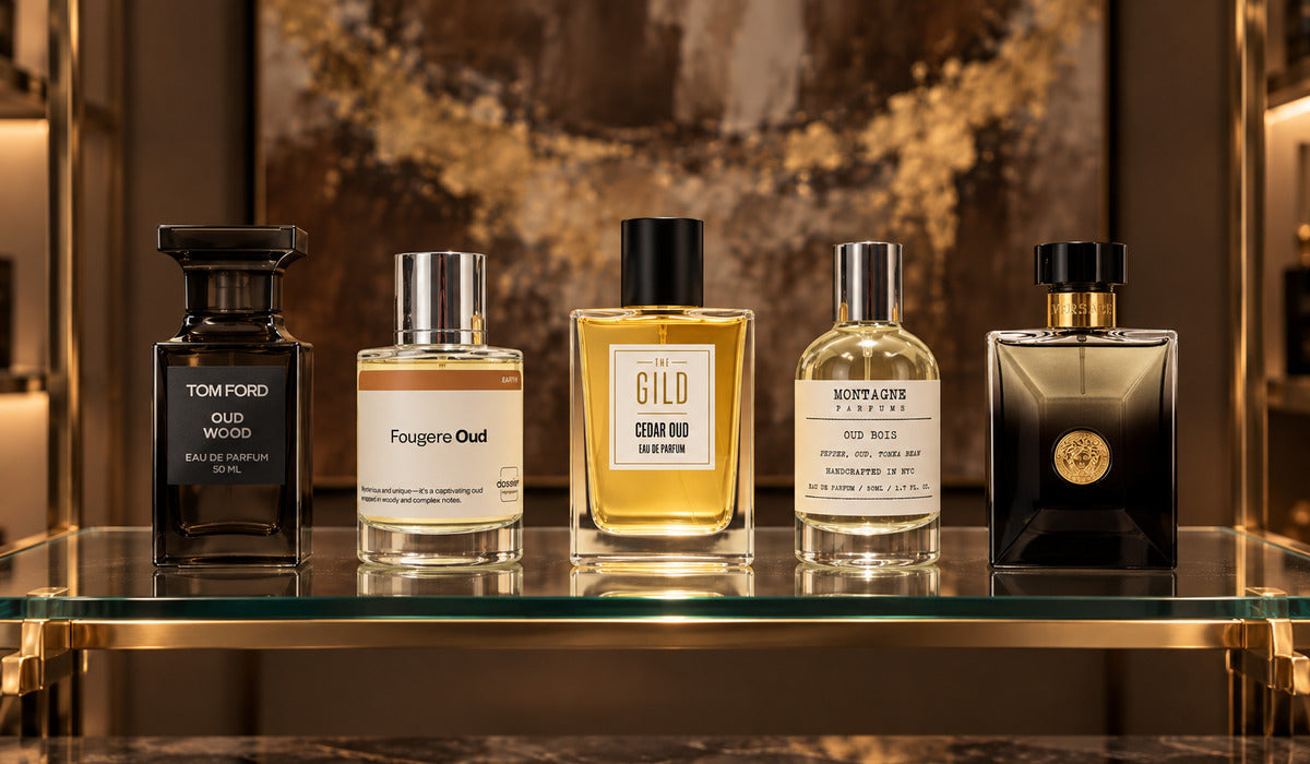 Cedar Oud with Tom Ford Oud Wood, Dossier Fougere Oud, Montagne Oud Bois and Versace Oud Noir on a retail glass shelf with blurred brown-and-gold artwork behind them.