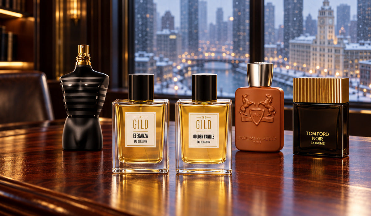 Eleganza, Golden Vanille, Althaïr, Le Male Le Parfum and Noir Extreme on a mahogany desk beside a window overlooking snowy Chicago.