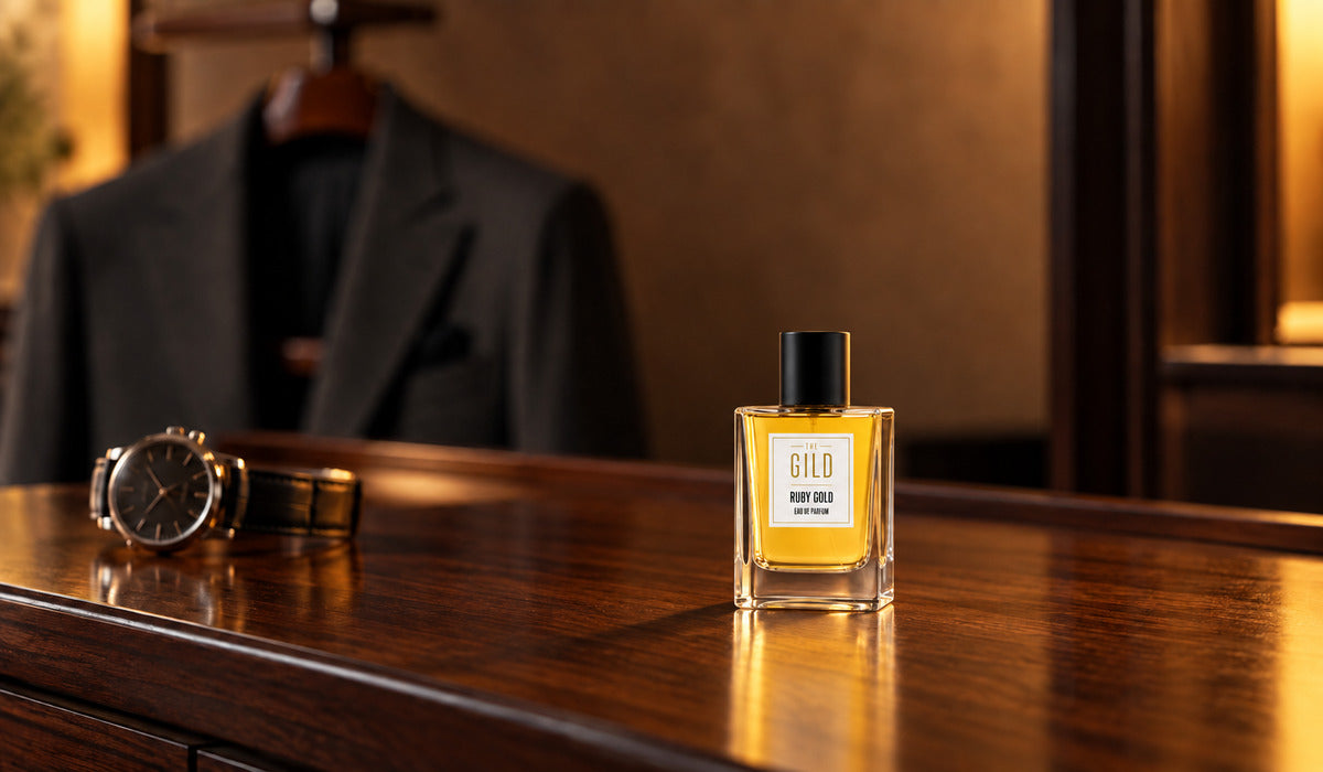 Ruby Gold on a dark walnut vanity beside an understated watch, with a blurred charcoal jacket and warm evening lighting.