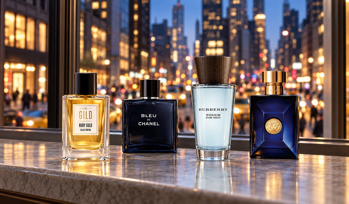 Ruby Gold, Bleu de Chanel EDT, Burberry Touch for Men and Versace Dylan Blue displayed by a window above a blurred busy city street.