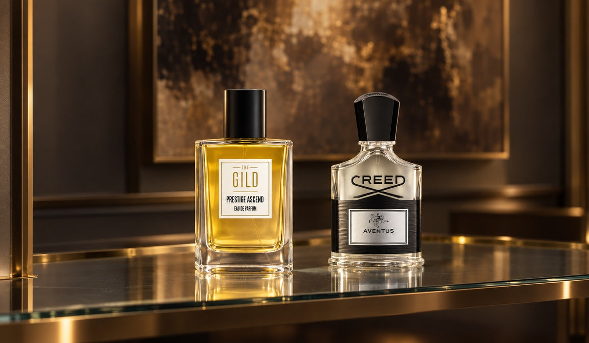 THE GILD Prestige Ascend and Creed Aventus bottles on a glass shelf with a softly blurred brown and gold painting behind them.