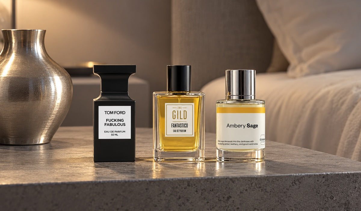 Tom Ford Fucking Fabulous, THE GILD Fantastico and Dossier Ambery Sage on a concrete nightstand beside a silver vase.