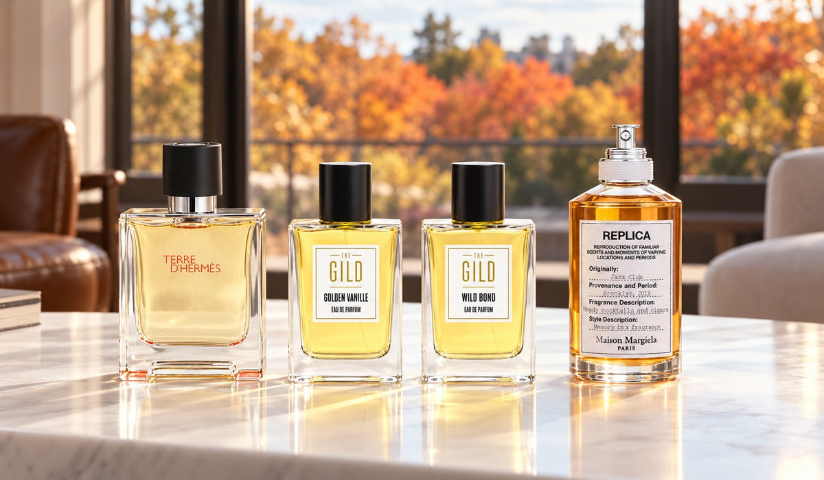 Golden Vanille, Wild Bond, Terre d’Hermès and REPLICA Jazz Club on a white table beside a window overlooking blurred autumn trees.