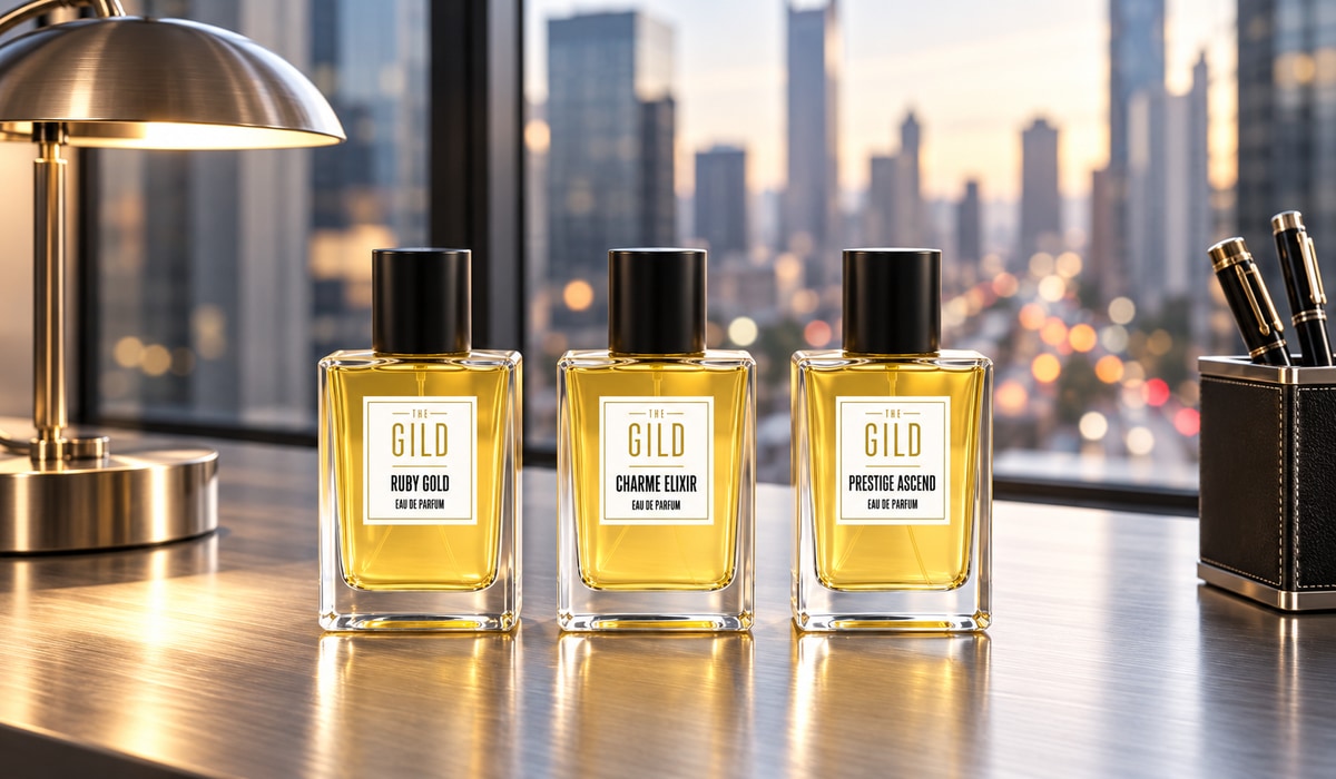 THE GILD Ruby Gold, Charme Elixir and Prestige Ascend on a silver desk beside a lamp and luxury pen holder, with blurred city life through the window.