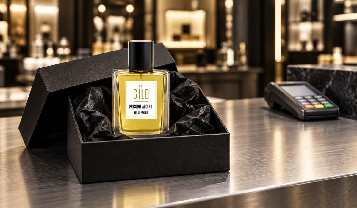 One THE GILD Prestige Ascend bottle in a styled black gift box with black tissue on a silver retail counter beside a checkout terminal.