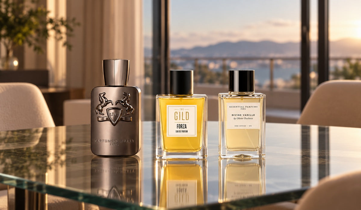 Parfums de Marly Herod, THE GILD Forza and Essential Parfums Divine Vanille on a glass dining table with a blurred balcony behind.