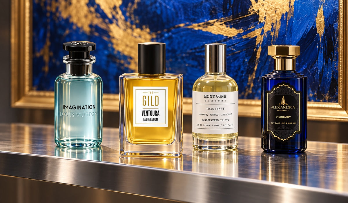 Ventoura, Louis Vuitton Imagination, Montagne Imaginary and Alexandria Visionary on a silver shelf with a blurred blue-and-gold painting behind them.