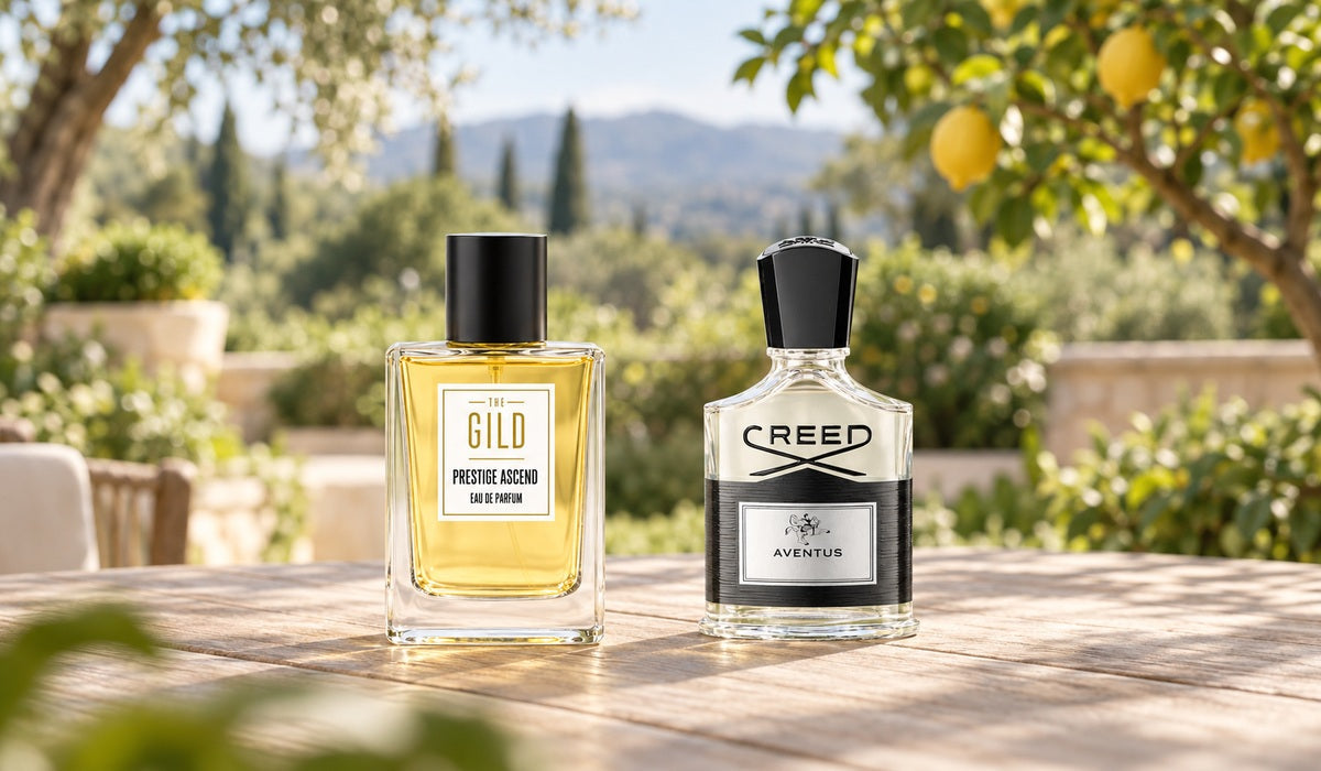 THE GILD Prestige Ascend and Creed Aventus on a pale wooden outdoor table with a blurred lemon tree, green garden and distant hills.