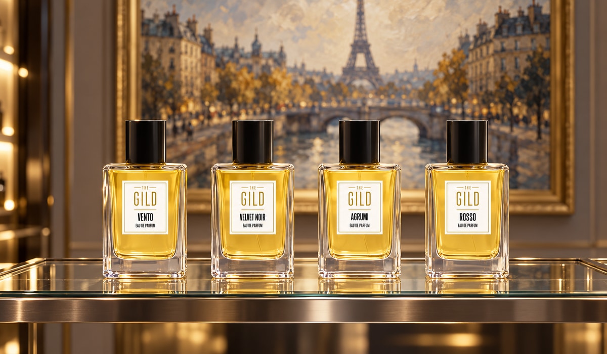 THE GILD Vento, Velvet Noir, Agrumi and Rosso on a luxury retail shelf with a framed Paris painting behind them.