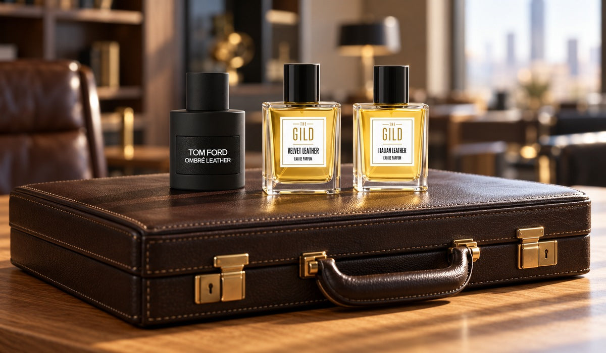 Tom Ford Ombré Leather, THE GILD Velvet Leather and Italian Leather on a closed brown leather briefcase on a light brown table in a luxury office.