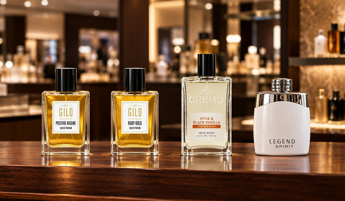 Prestige Ascend, Ruby Gold, Cremo Spice and Black Vanilla, and Montblanc Legend Spirit on a wood department-store shelf with blurred displays.