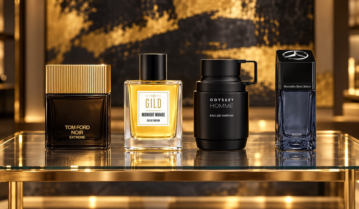 Tom Ford Noir Extreme EDP, THE GILD Midnight Mirage, Armaf Odyssey Homme Black and Mercedes-Benz Select Night on a gold-framed glass shelf with a blurred black-and-gold painting.