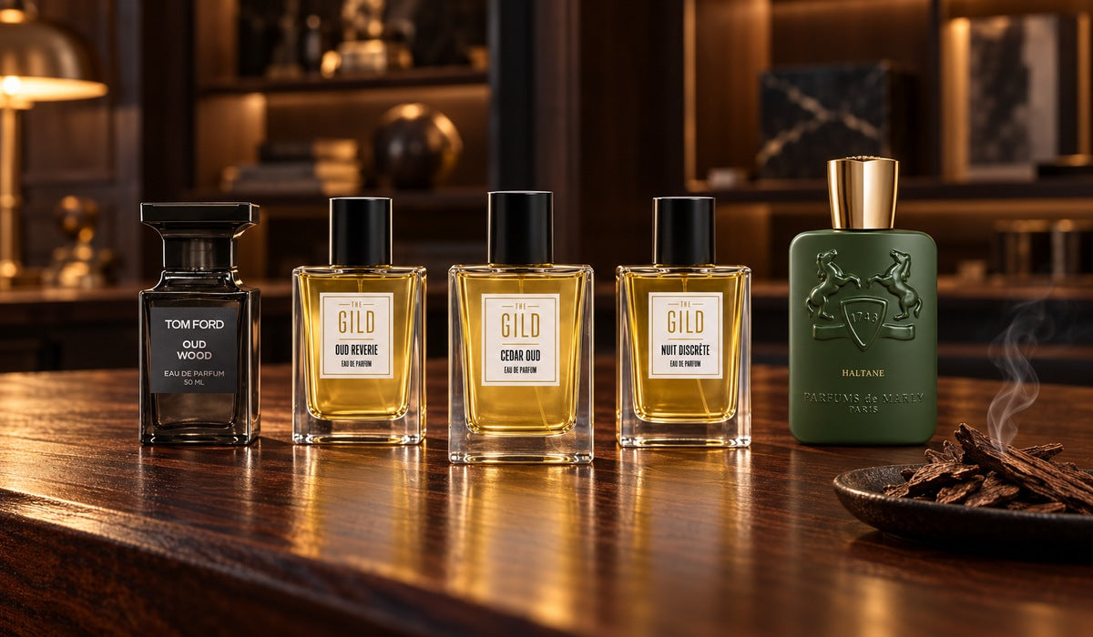 Cedar Oud, Oud Reverie, Nuit Discrete, Tom Ford Oud Wood and Haltane on a dark wood table with oud chips and blurred shelving.