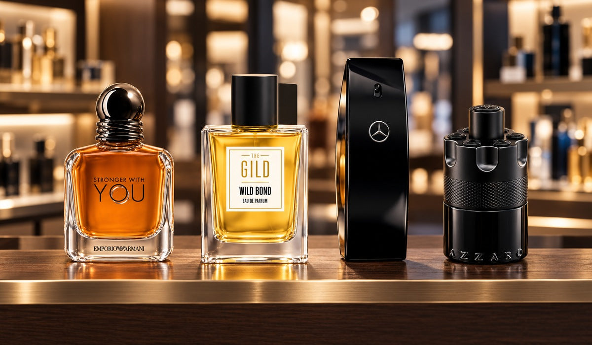 Wild Bond, original Armani Stronger With You, Mercedes-Benz Club Black EDT and Azzaro The Most Wanted EDP Intense on a luxury retail shelf.