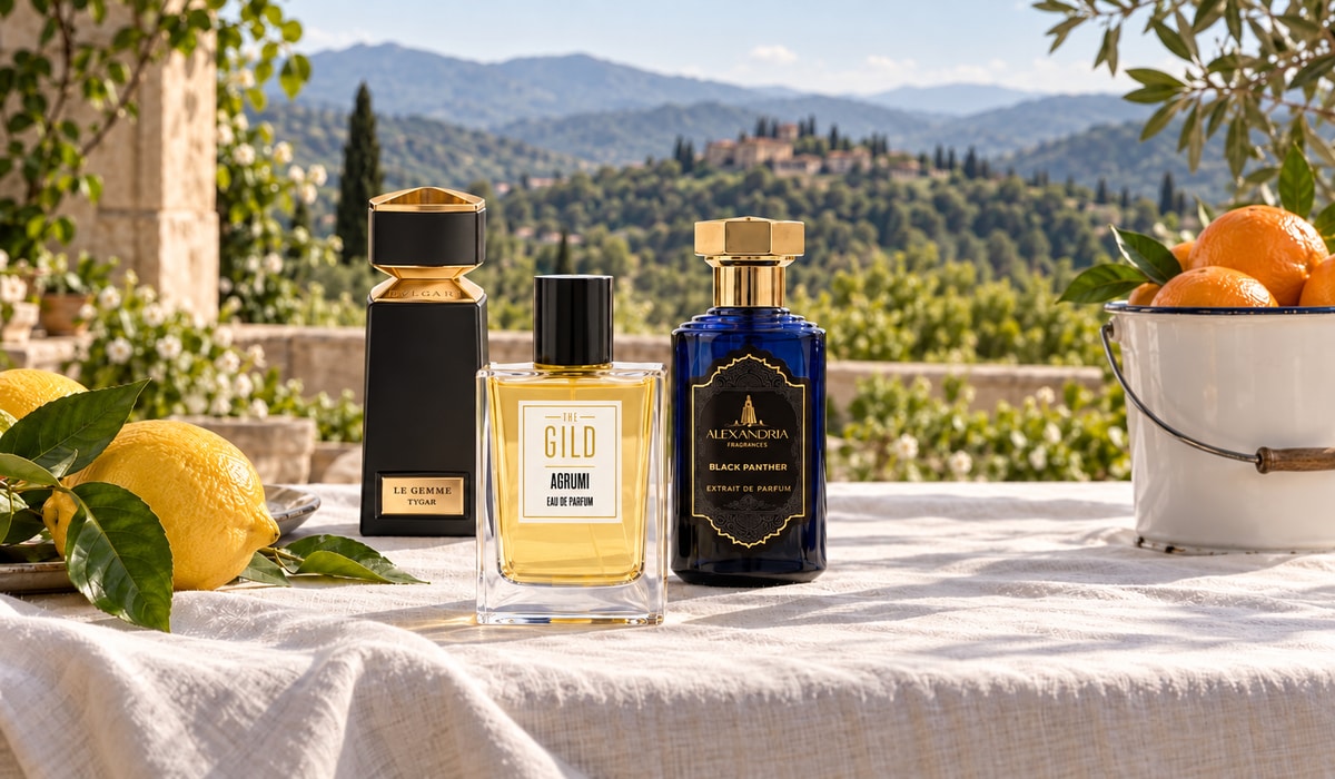 Agrumi, Bvlgari Tygar and Black Panther on white linen outdoors, with lemons, green leaves, a white bucket of oranges and blurred green mountains.