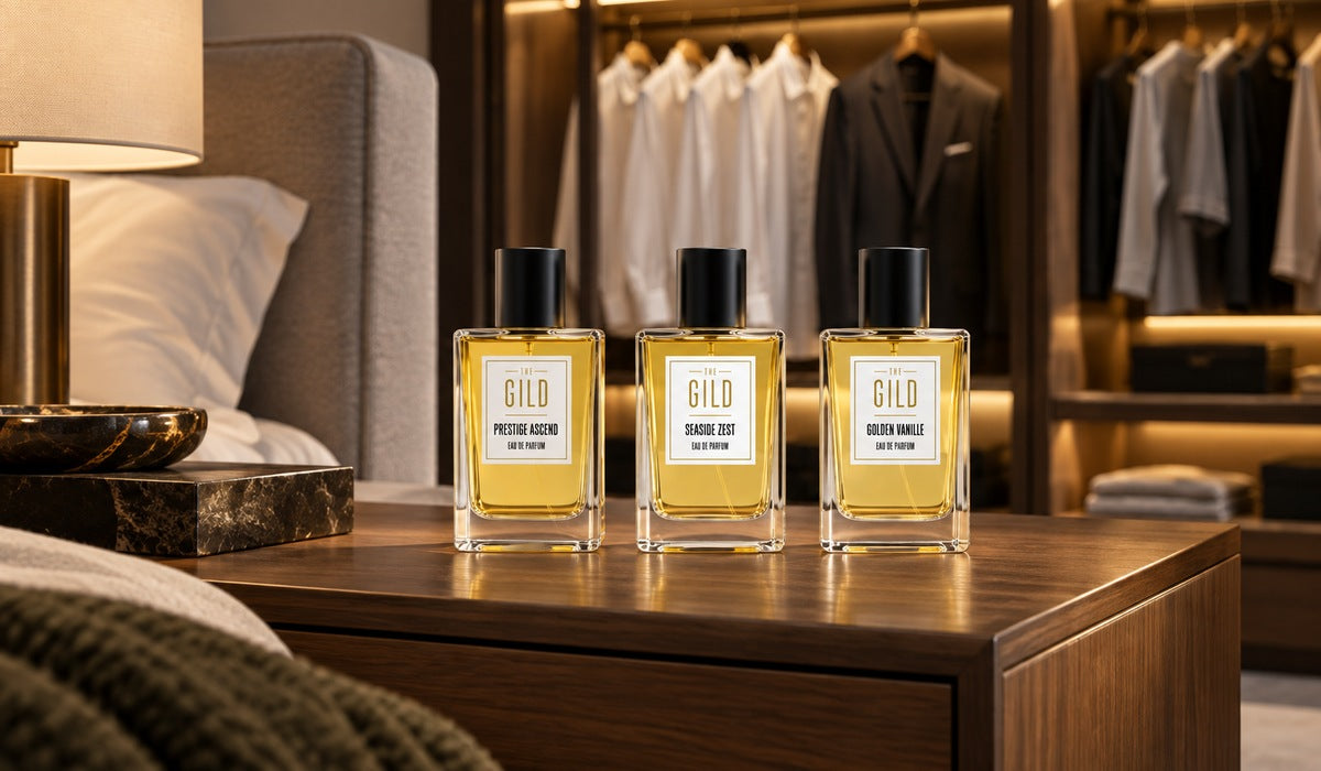 Prestige Ascend, Seaside Zest and Golden Vanille on a nightstand before an open wardrobe with white shirts, one suit and workout clothes.