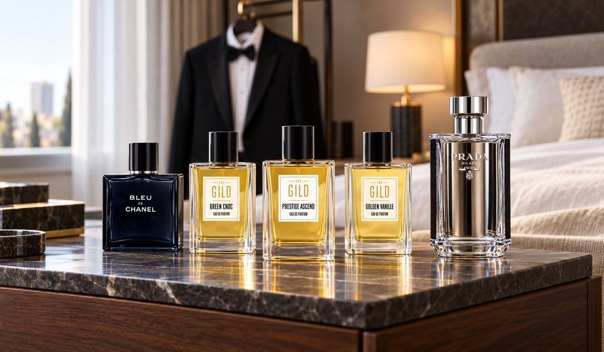 Prestige Ascend, Green Cnoc, Golden Vanille, BLEU DE CHANEL and Prada L’Homme on a bedroom nightstand with a tuxedo hanging behind.